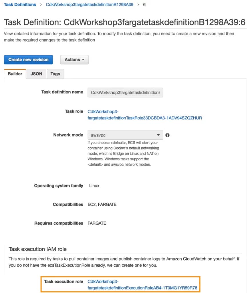 Amazon ECS task definition overview with task execution role highlighted