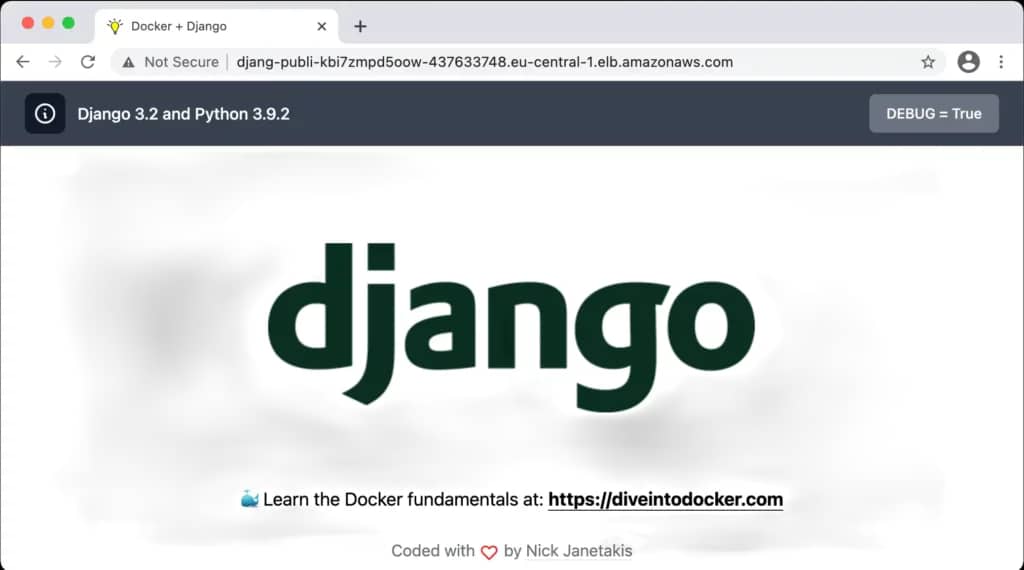 Browser showing django application page