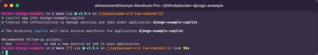 Terminal command: AWS copilot app init django-example-copilot