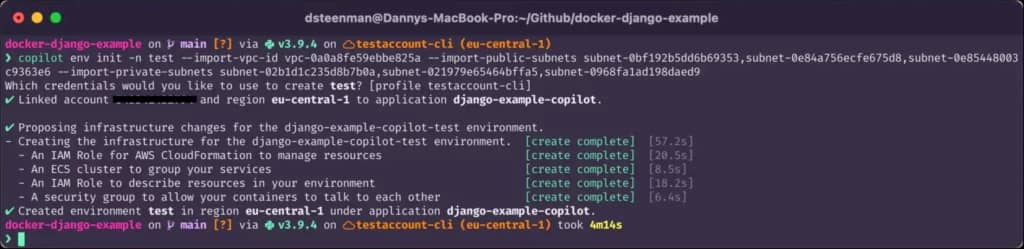 Terminal command to deploy copilot in an existing vpc