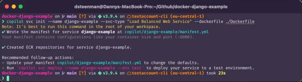 Terminal command to deploy an aws copilot load balanced service