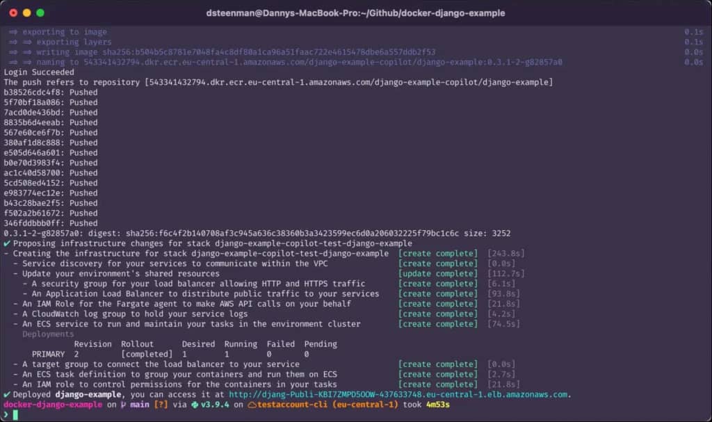 Terminal command: show how aws copilot finishes deploying a service