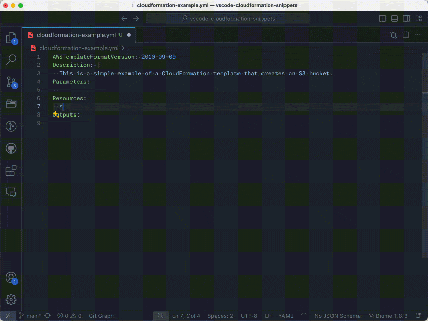 Example of the CloudFormation Snippets VS Code extension that shows how to create an S3 bucket