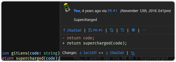 Hover over blame annotations to reveal rich details and actions