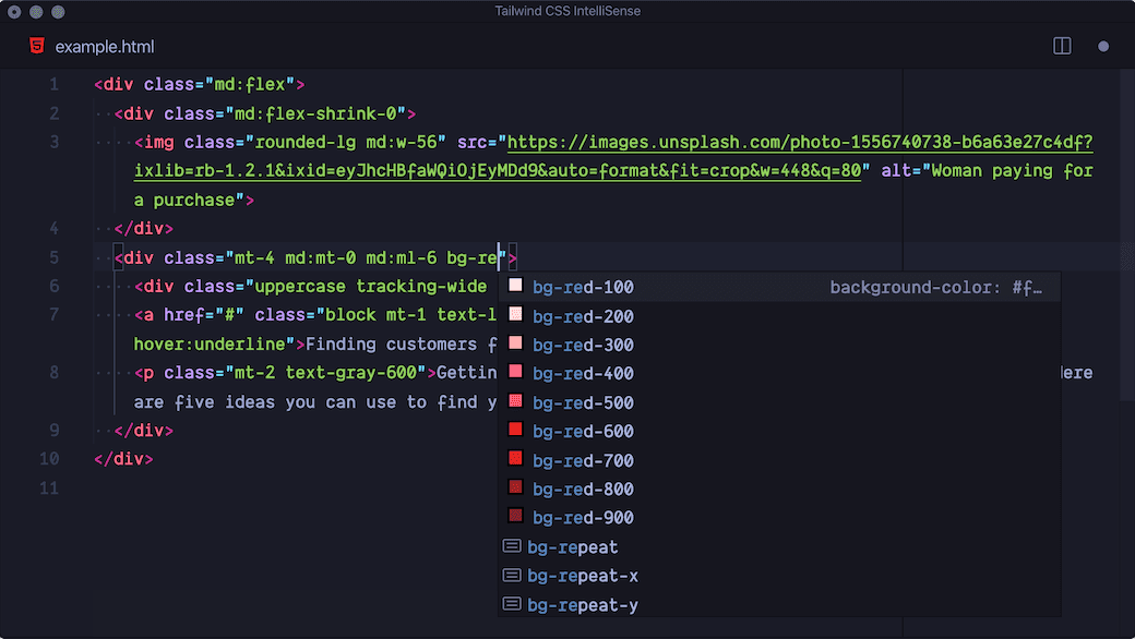 Example of the Tailwind CSS IntelliSense VS Code extension