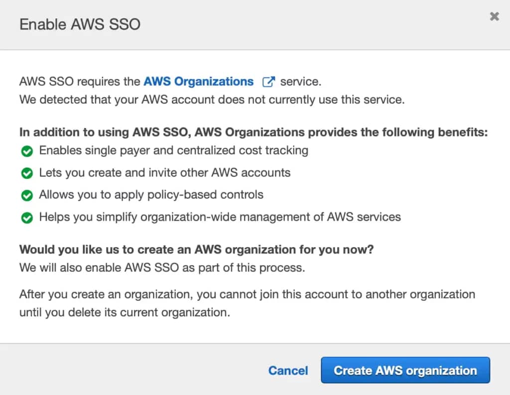 Create AWS Organizations in the AWS SSO Console