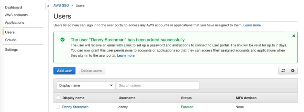 AWS SSO Console with newly created user