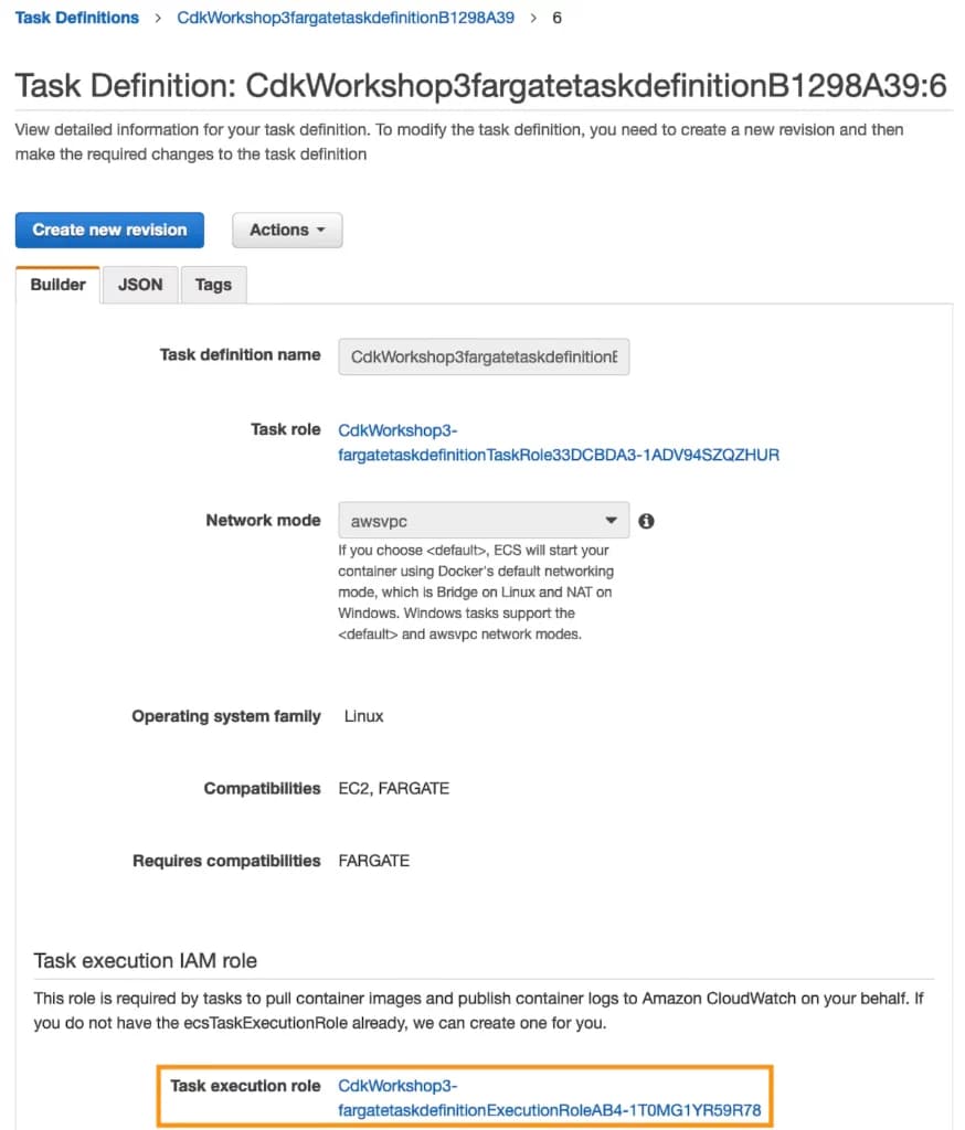 Amazon ECS task definition overview with task execution role highlighted