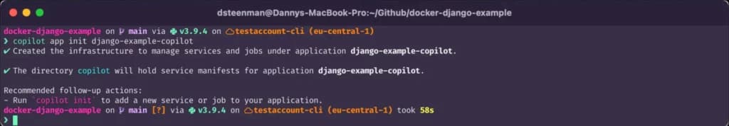 Terminal command: AWS copilot app init django-example-copilot