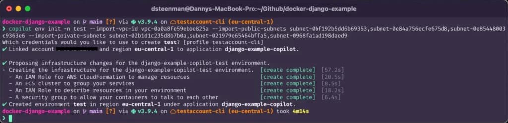 Terminal command to deploy copilot in an existing vpc