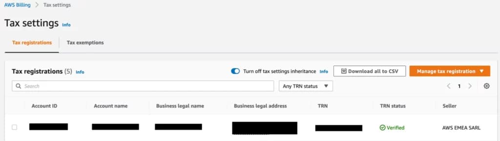 AWS billing tax inheritance enabled