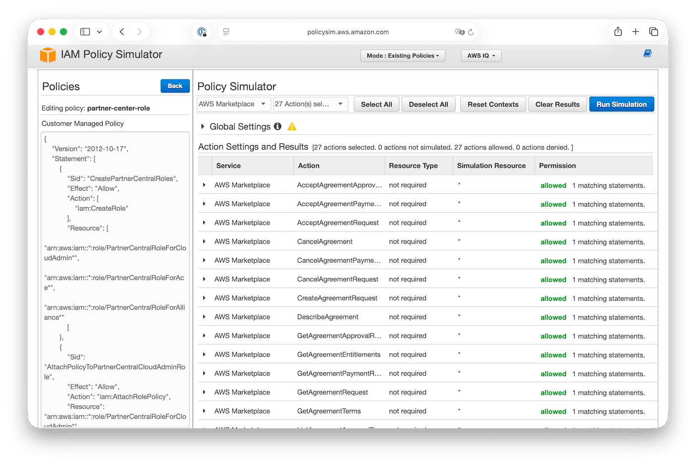 Running simulator in AWS Console for AWS IAM Policy Simulator
