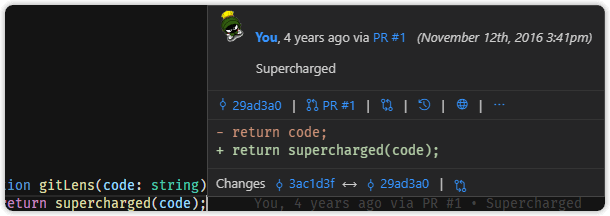 Hover over blame annotations to reveal rich details and actions
