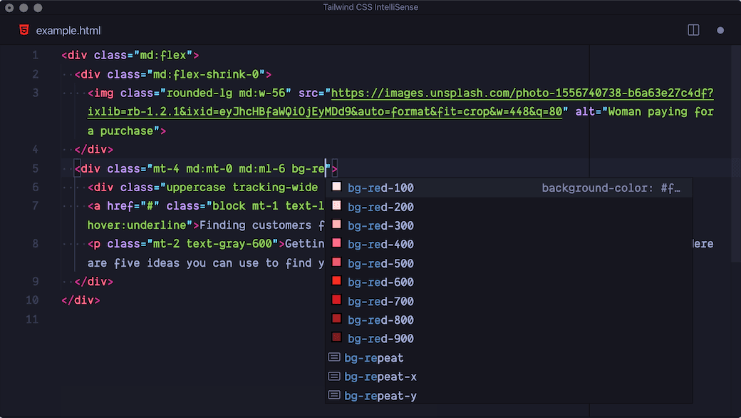Example of the Tailwind CSS IntelliSense VS Code extension