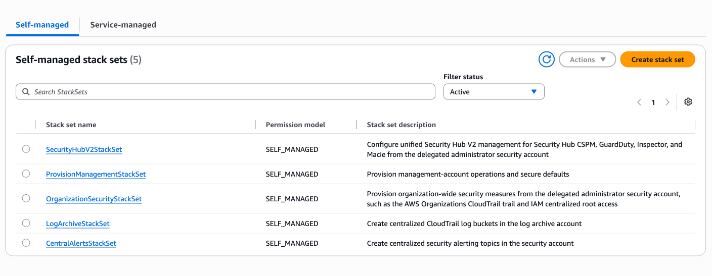 Self-managed StackSets that target specific accounts like security and log archive
