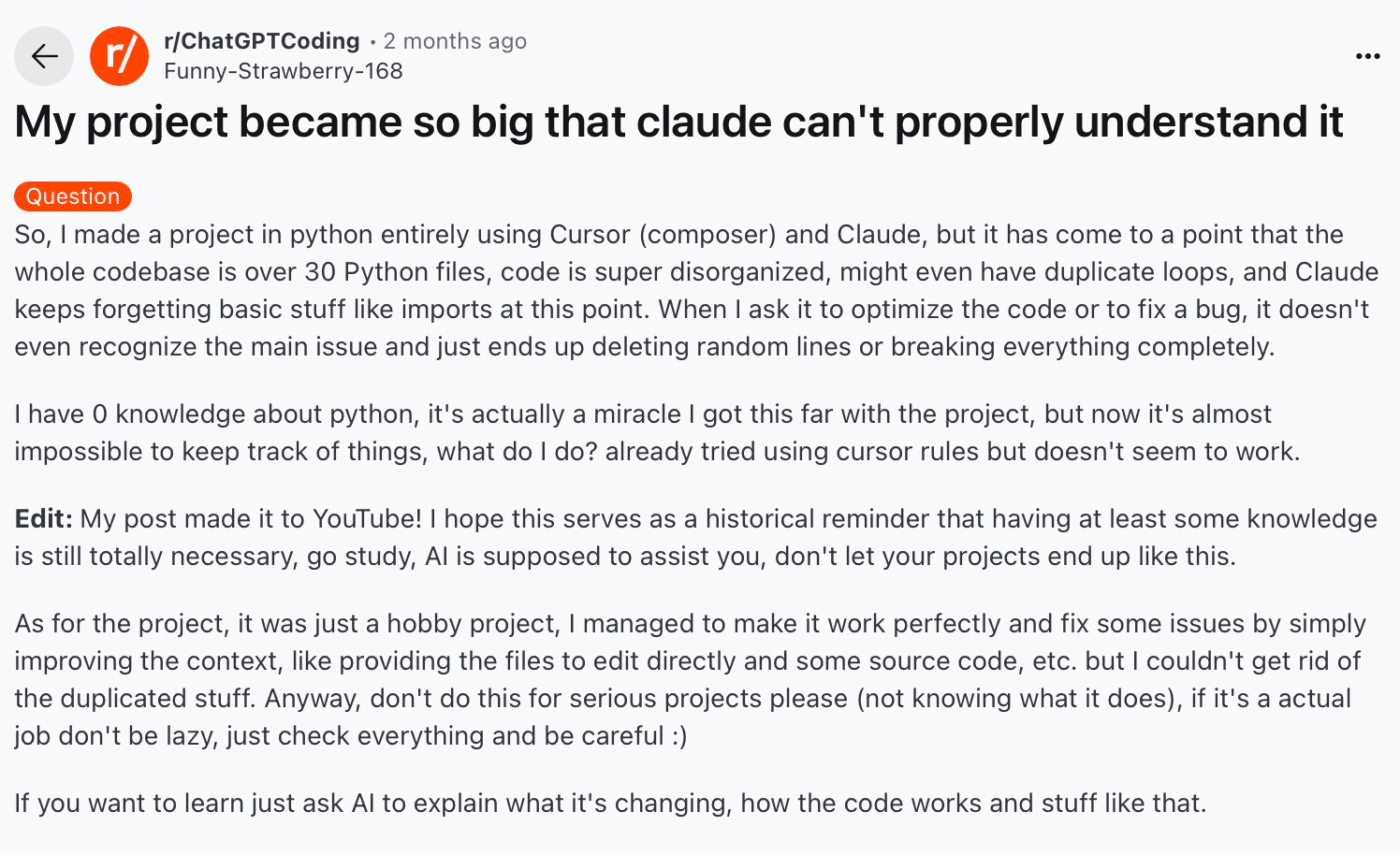 Reddit discussion about AI and CDK architecture