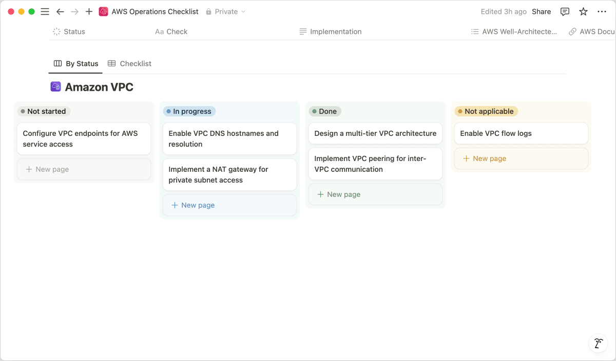 AWS Operations Checklist Kanban board view for VPC configuration