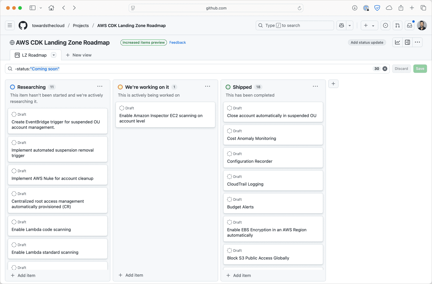 Roadmap of the AWS CDK Landing Zone in board view on GitHub