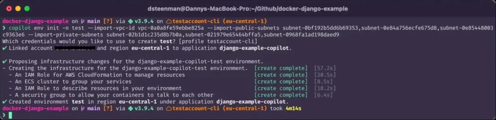 Terminal command to deploy copilot in an existing vpc