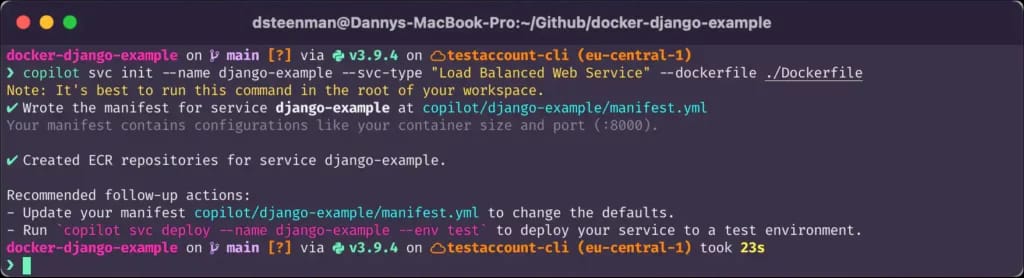 Terminal command to deploy an aws copilot load balanced service