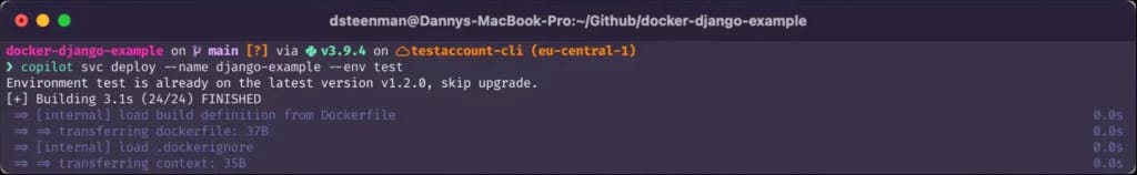 Terminal command: AWS copilot svc deploy --name django-example --env test