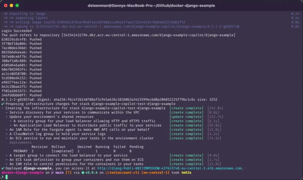 Terminal command: show how aws copilot finishes deploying a service