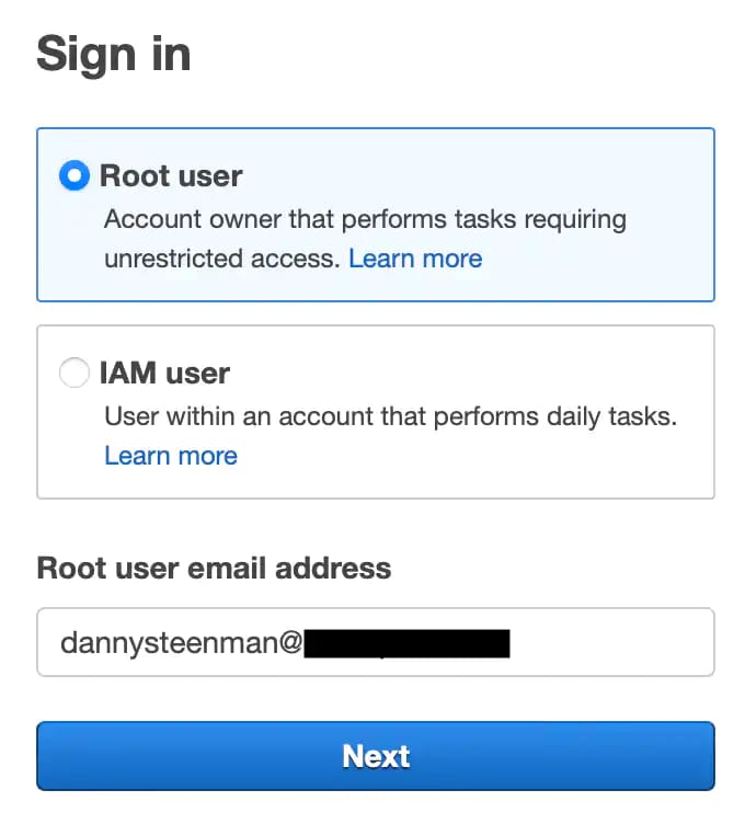 Sign in to the AWS console with the root account