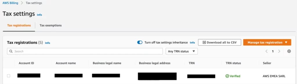 AWS billing tax inheritance enabled