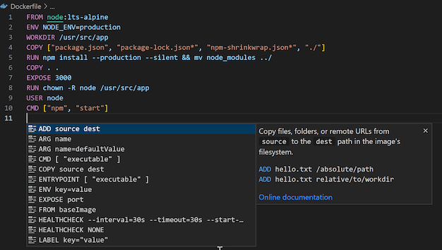 Example of the Docker VS Code extension IntelliSense