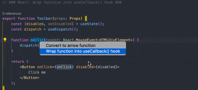 JavaScript Booster vscode extension showing React and TypeScript-specific code actions