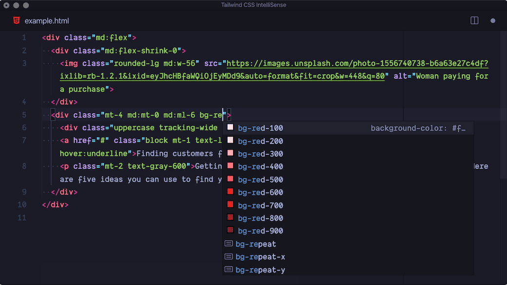 Example of the Tailwind CSS IntelliSense VS Code extension