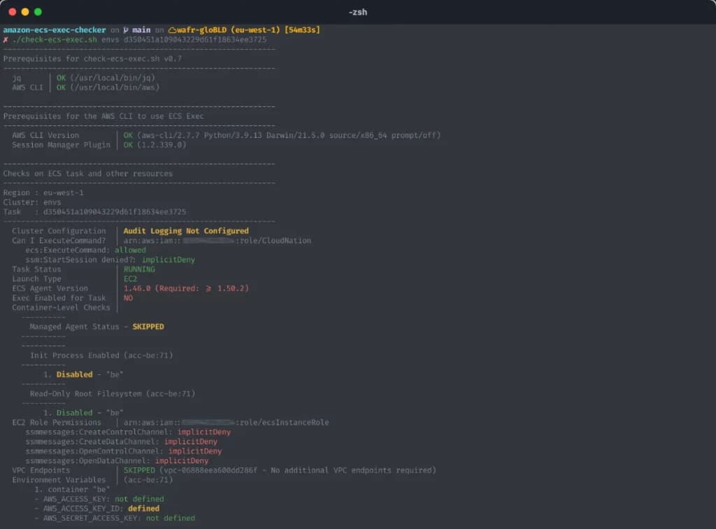 Running Amazon ECS Exec Checker on an ECS task which shows ECS Exec is disabled Running Amazon ECS Exec Checker on an ECS task which shows ECS Exec is disabled