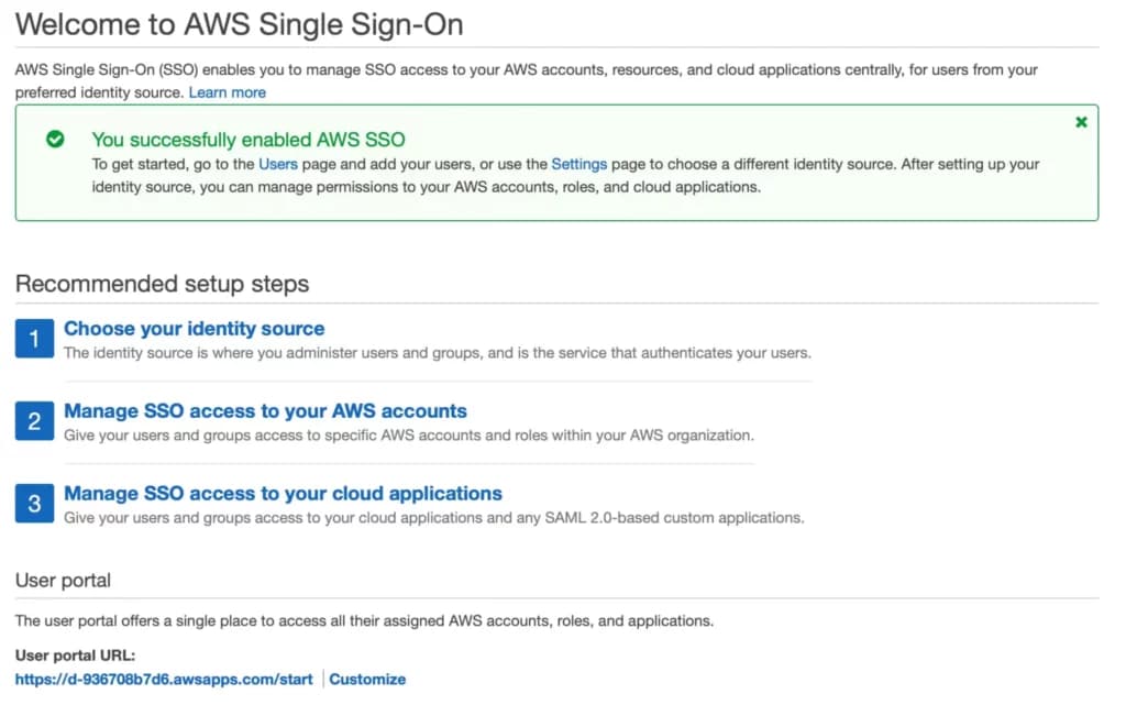 AWS SSO enabled page with user portal URL AWS SSO enabled page with user portal URL