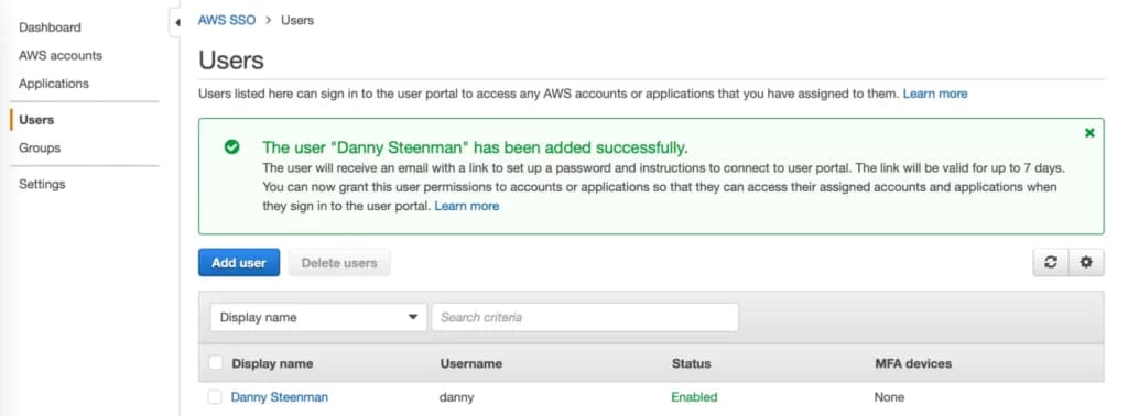 AWS SSO Console with newly created user AWS SSO Console with newly created user