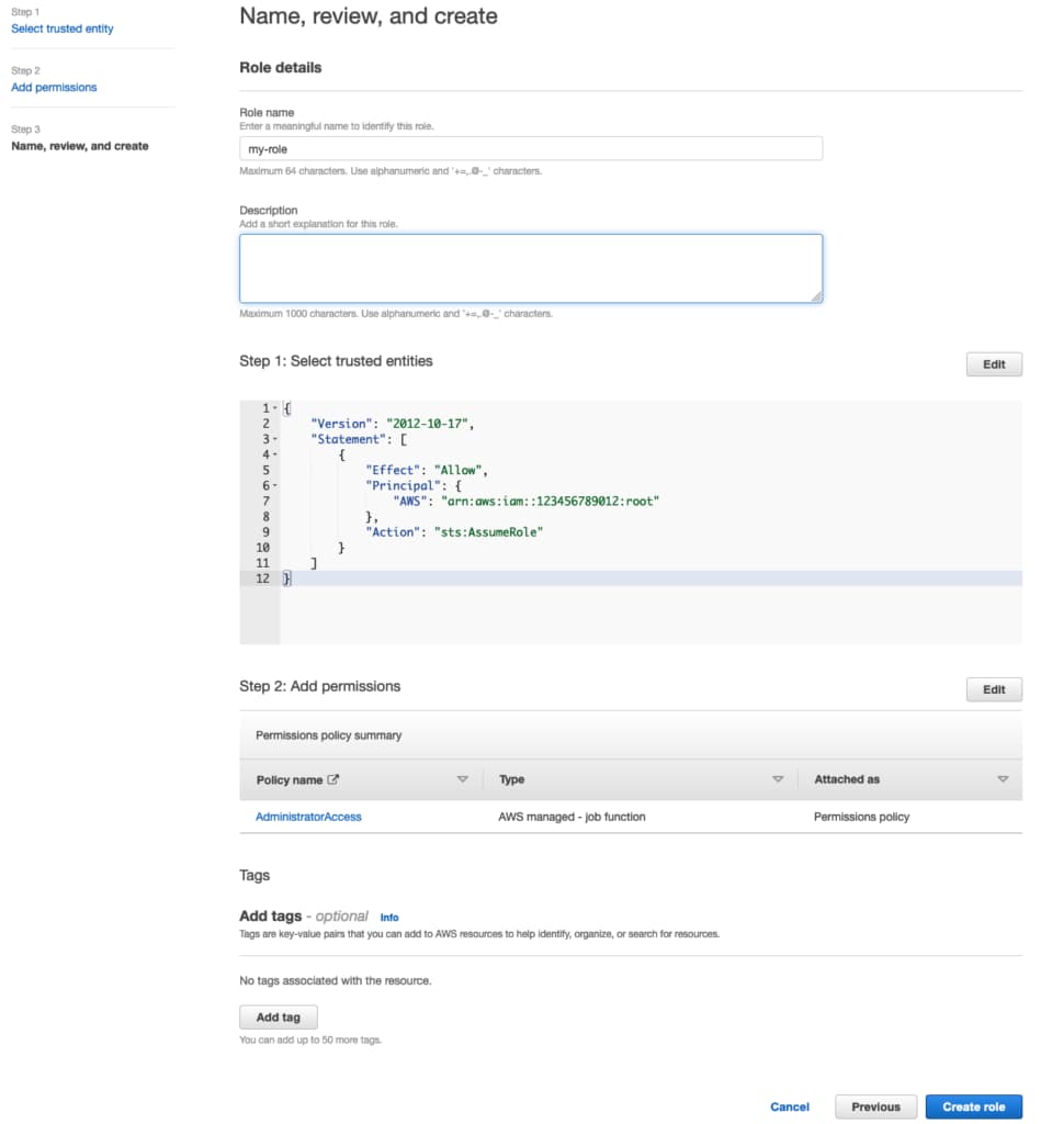 Create IAM role in the AWS Console with trust relationship policy. Review section. Create IAM role in the AWS Console with trust relationship policy. Review section.