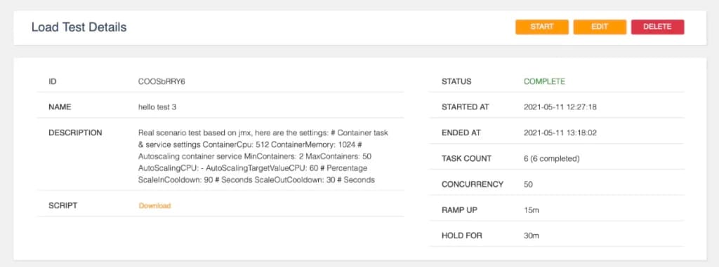 Load test details page of the distributed load testing on AWS tool. Load test details page of the distributed load testing on AWS tool.