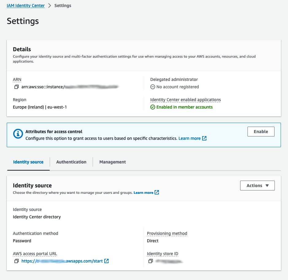 IAM Identity Center settings in the AWS Console IAM Identity Center settings in the AWS Console