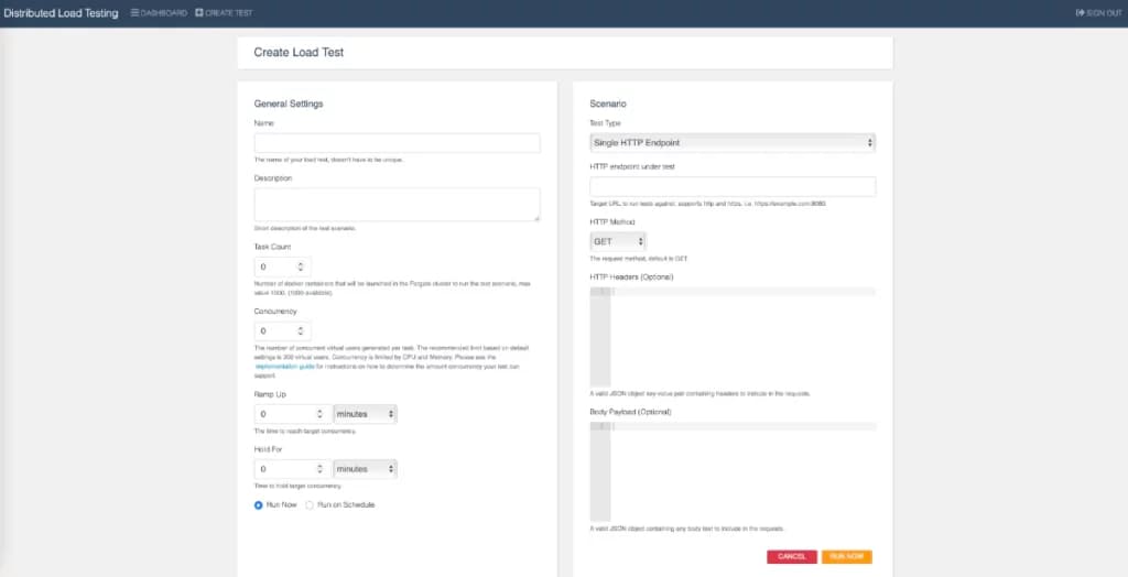 "Create test" page of the distributed load testing on AWS tool.