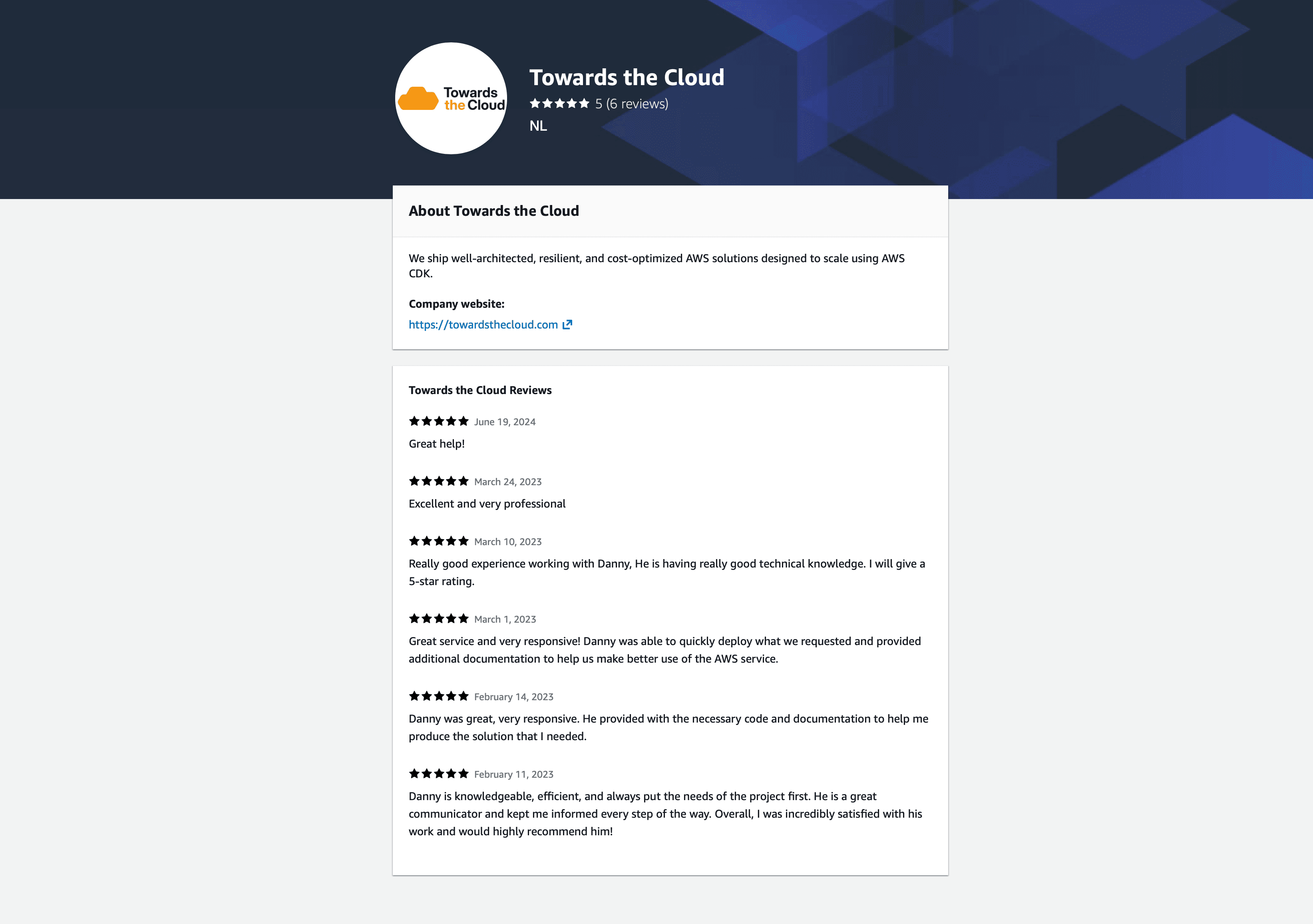 Towards the Cloud AWS IQ profile showing 5-star rating across 6 reviews Towards the Cloud AWS IQ profile showing 5-star rating across 6 reviews