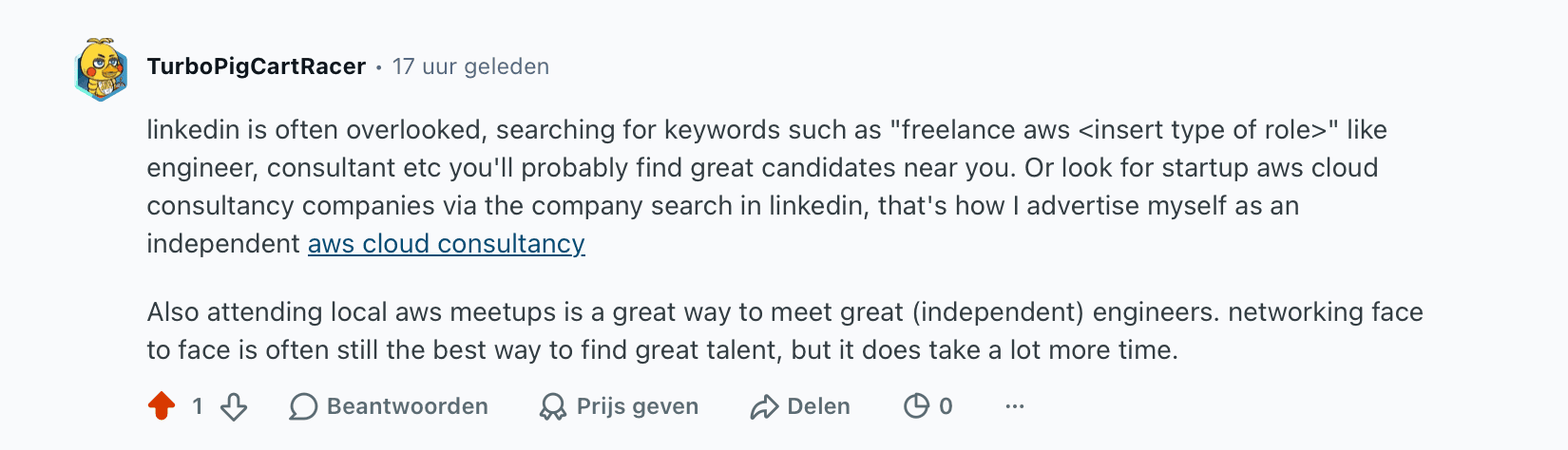 Reddit answer recommending LinkedIn search and AWS meetups for finding independent AWS engineers Reddit answer recommending LinkedIn search and AWS meetups for finding independent AWS engineers