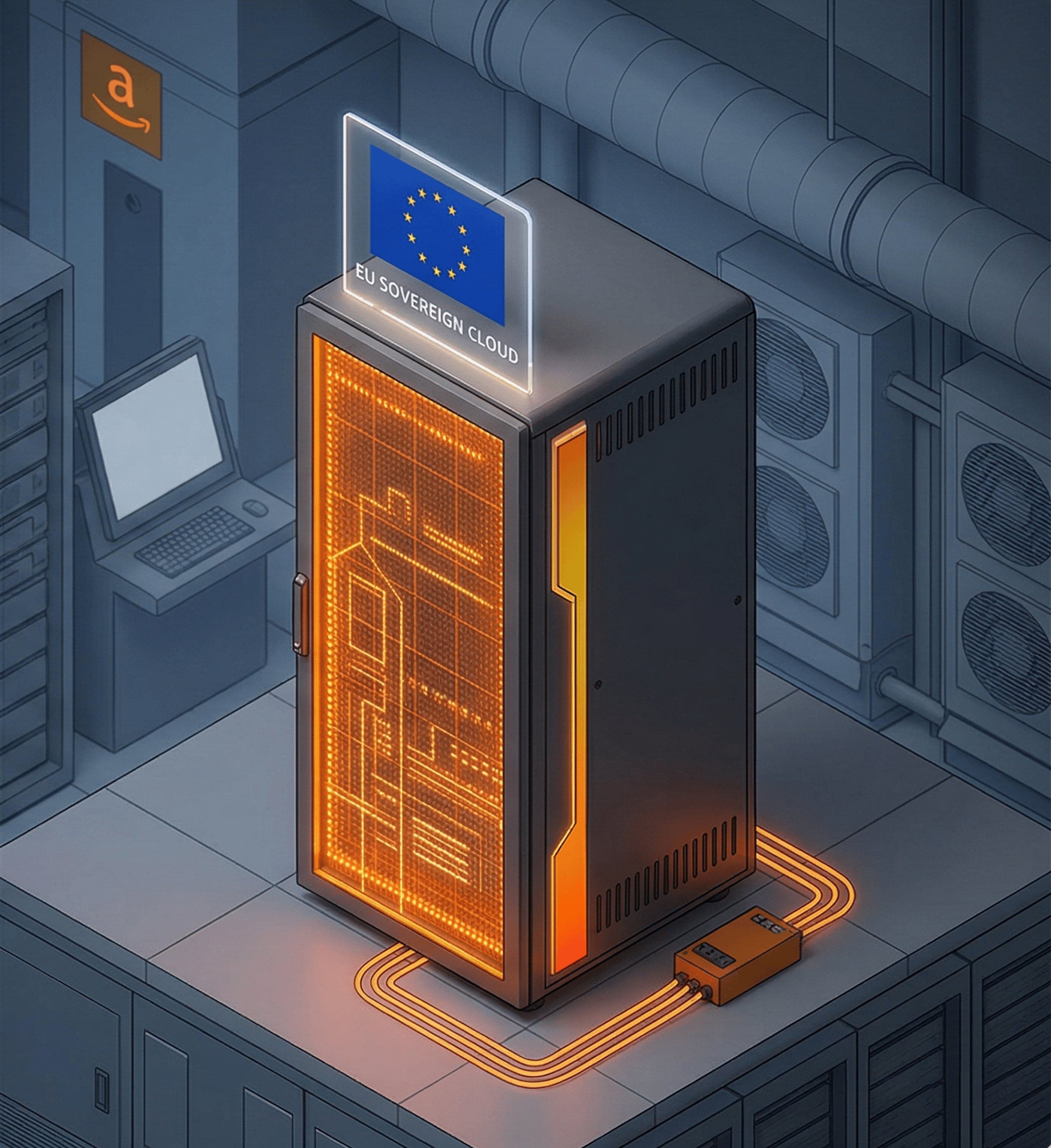 Illustration of an AWS European Sovereign Cloud server in an EU datacenter.