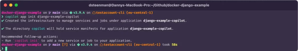 Terminal command: AWS copilot app init django-example-copilot