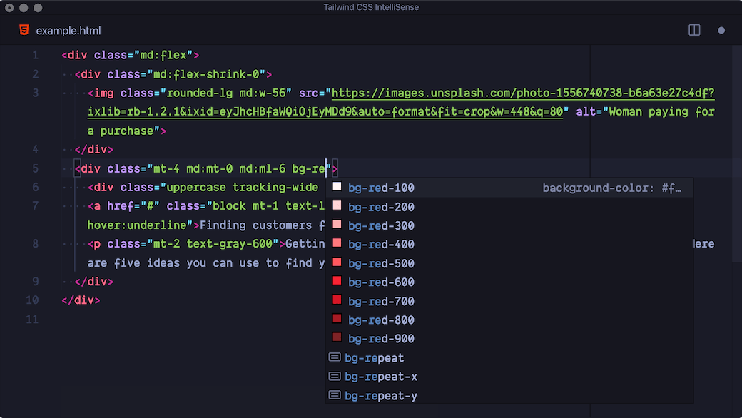 Example of the Tailwind CSS IntelliSense VS Code extension