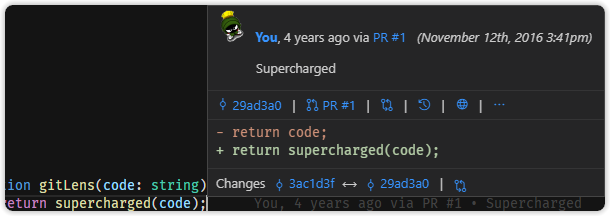 Hover over blame annotations to reveal rich details and actions