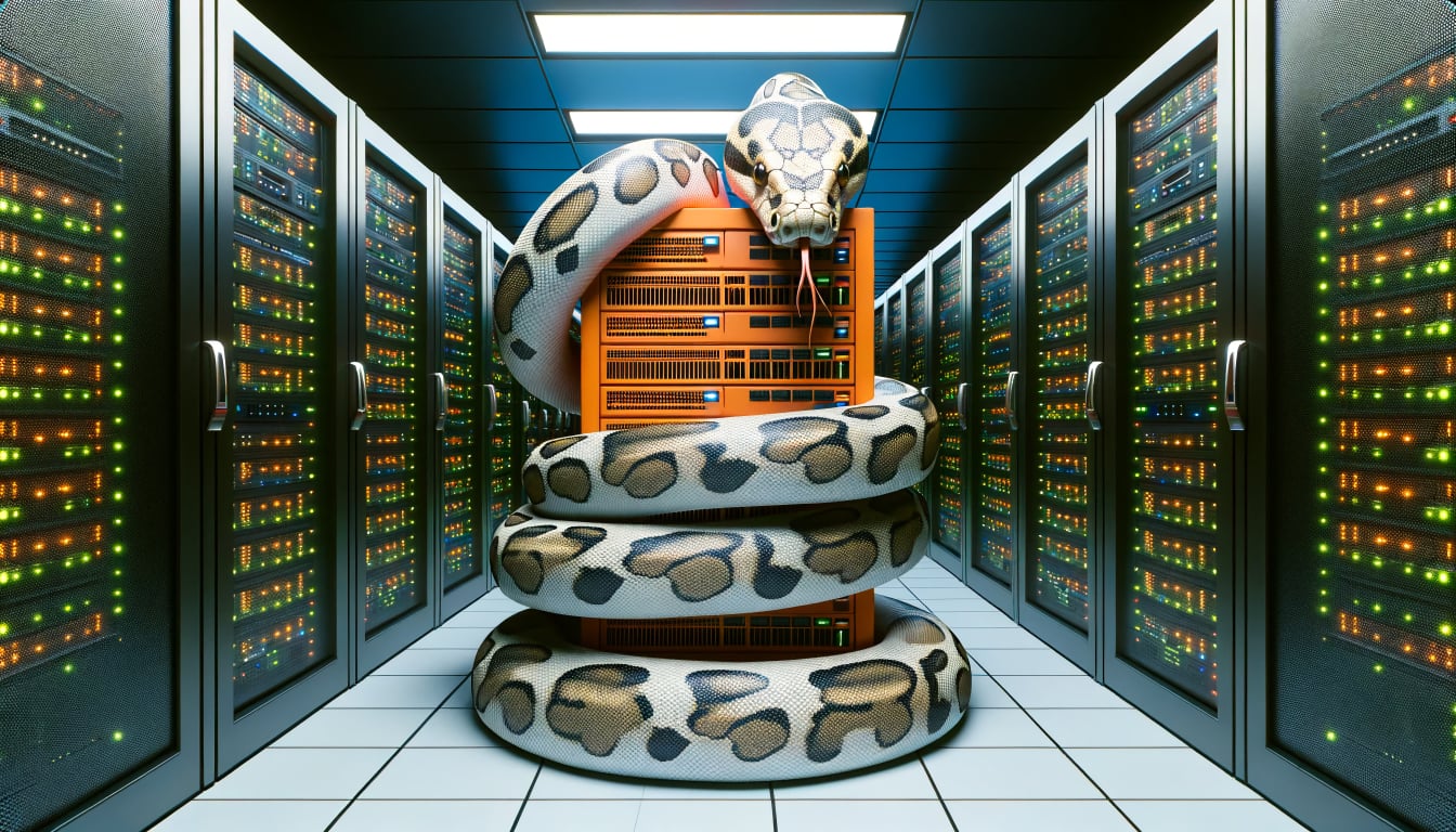 Artistic rendering of a datacenter environment with servers blinking and humming. At the center, a large, detailed python has wrapped itself around an orange server, squeezing it. The scene captures the idea of Python's influence in the tech world, especially in server environments.