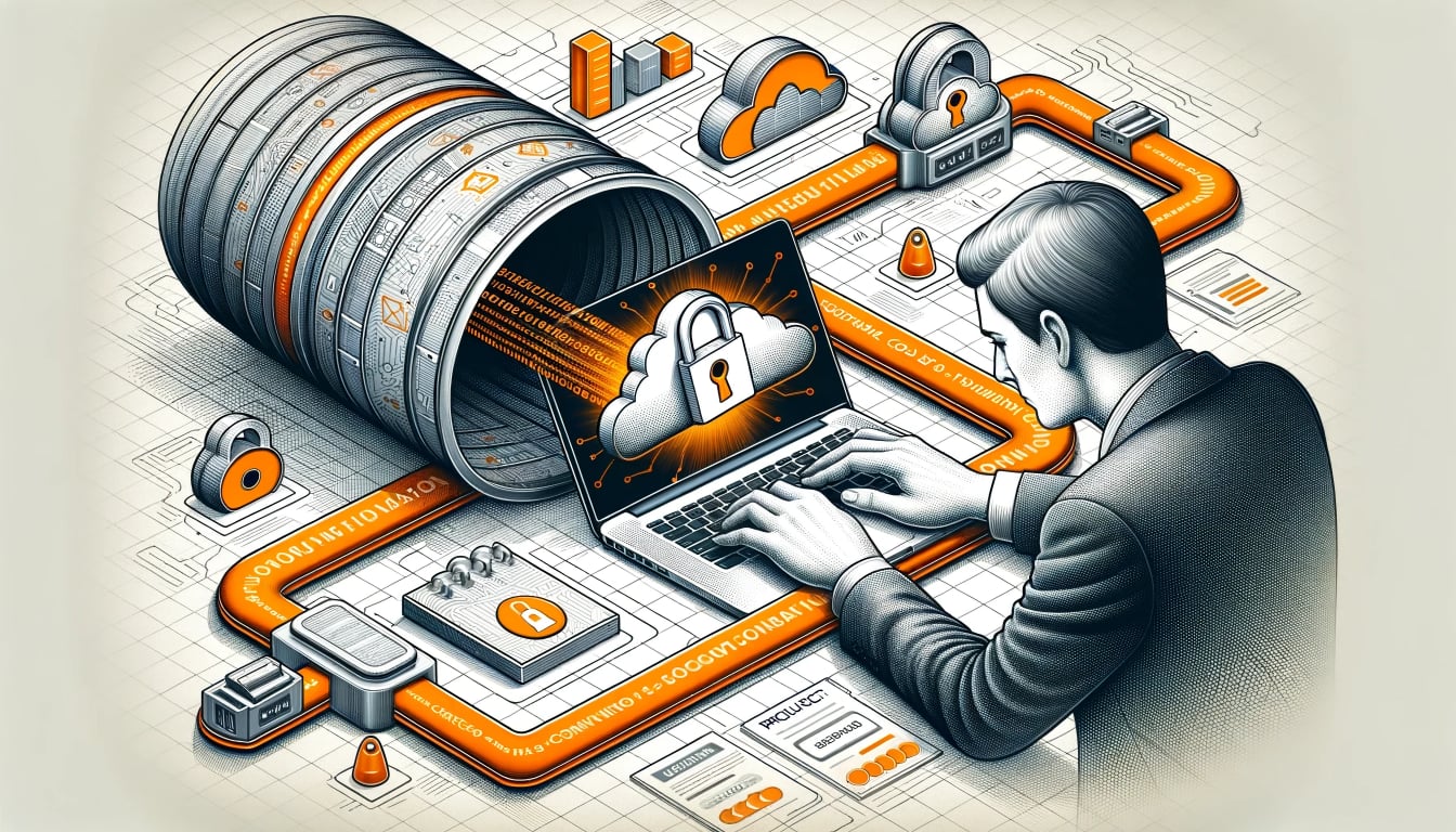 Detailed drawing of an individual engrossed in their laptop, which shows a secure connection interface. From the laptop, a protected tunnel, surrounded by lock symbols and encryption codes, extends to connect with an orange-colored EC2 server, highlighting secure access to cloud resources.