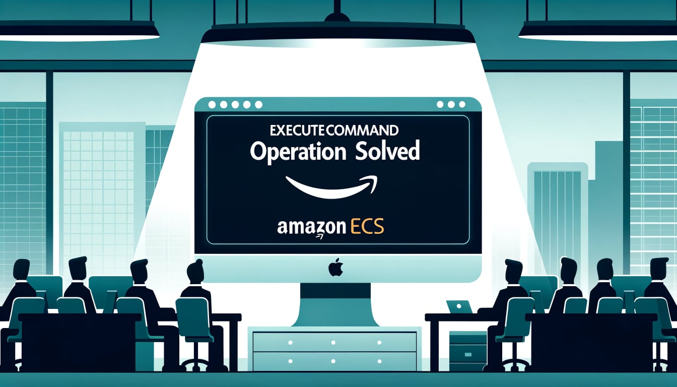 Illustration of a computer in a professional environment, possibly an IT office. The screen is illuminated with the message: 'ExecuteCommand operation solved' in bold letters. Just below the message, the Amazon ECS logo is prominently featured, symbolizing the context and success of the operation.