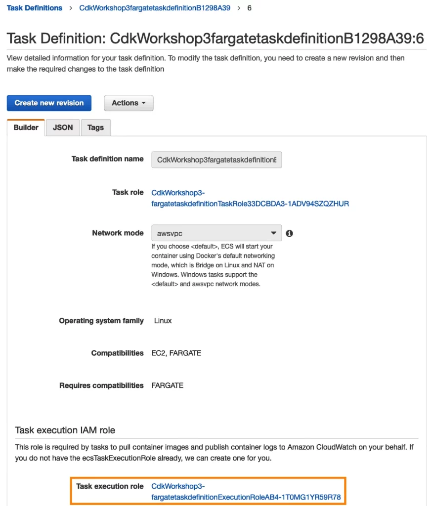 Amazon ECS task definition overview with task execution role highlighted