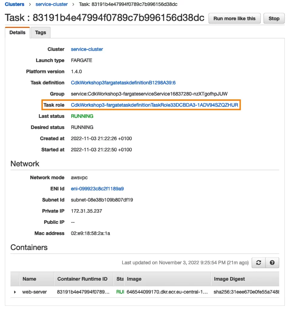 Amazon ECS task overview with task role highlighted