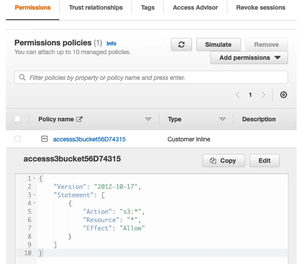 Amazon ECS task role permissions in IAM Management console